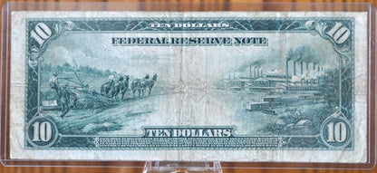 1914 10 Dollar Federal Reserve Note Large Size Fr#907a - VF (Very Fine) - Boston 1914 Ten Dollar Bill Large Note 1914 Horseblanket Fr907a