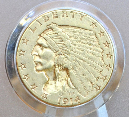 1914-D 2.5 Dollar Gold Coin - AU, Beautiful Coin - 1914D Quarter Eagle Gold 1914D Indian Head Gold, Affordable Price, Historic Coin