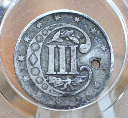 1856 Three Cent Silver US Coin - VG+ Detail, Holed - 1856 3 Cent Trimes Silver 3 Cent Piece - Great & Affordable Collection Piece