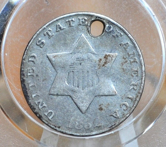 1852 Three Cent Silver US Coin - VG Detail, Holed - 1852 3 Cent Trimes Silver 3 Cent Piece - Great & Affordable Collection Piece