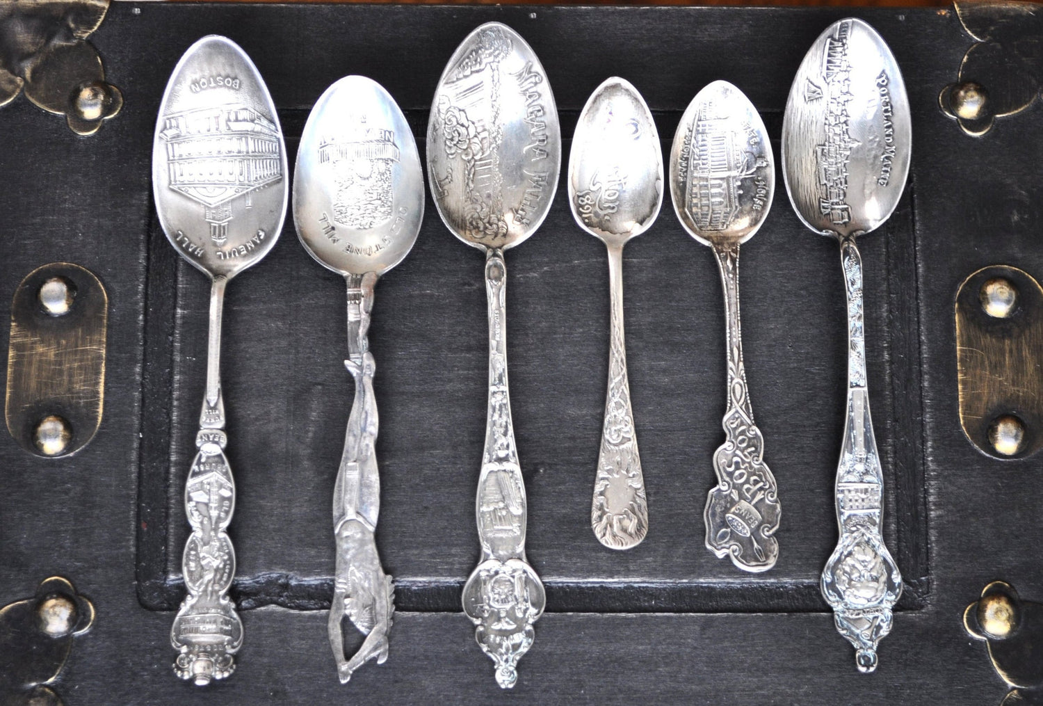 Set of 6 Antique New England Sterling Souvenir Spoons, Large Sizes, Awesome for Décor & Collections, Silver Spoons Souvenir Spoons Sterling