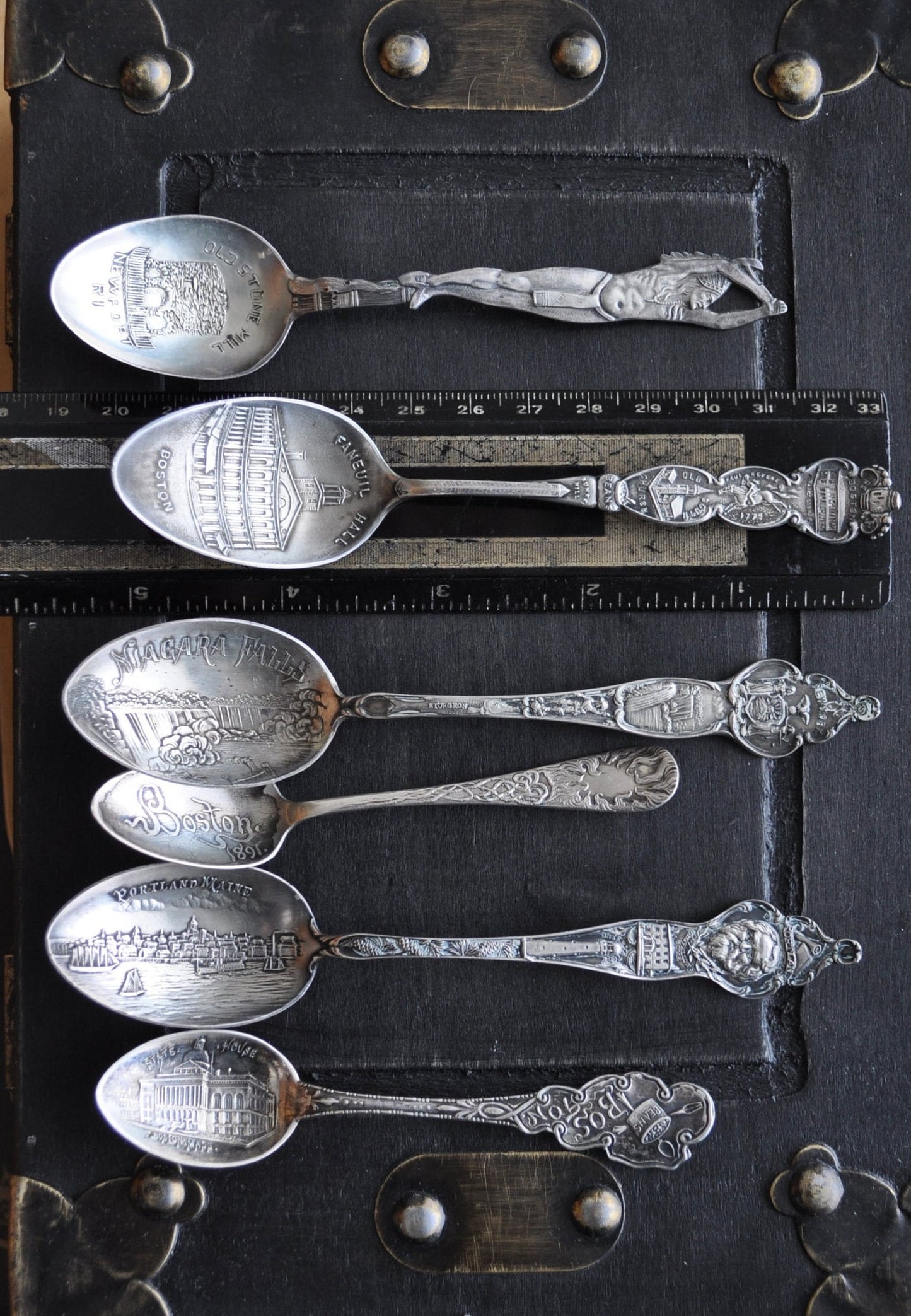 Set of 6 Antique New England Sterling Souvenir Spoons, Large Sizes, Awesome for Décor & Collections, Silver Spoons Souvenir Spoons Sterling