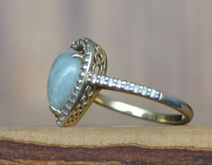 Antique Green Moonstone Ring Set in Sterling Silver - Size 7 Ring Size 7 (17.5 MM) - Emotional Balance, Love, Compassion, Pear Cut Moonstone