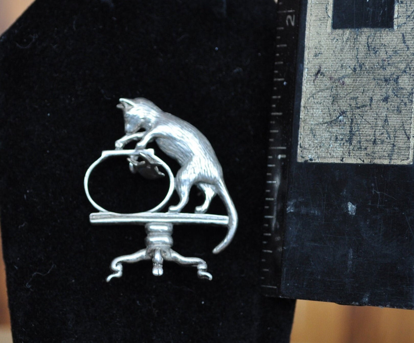 Awesome Vintage Cat Pin! Sterling Silver - Cat Catching a Fish in a Bowl - Vintage Cat Brooch, Cat Jewelry, Hilarious