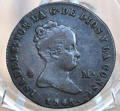 1848 Spanish 4 Maravedis - High Level of Detail - Isabel II of Spain - Copper - Spain Isabel II Coin - Four Maravedis 1848