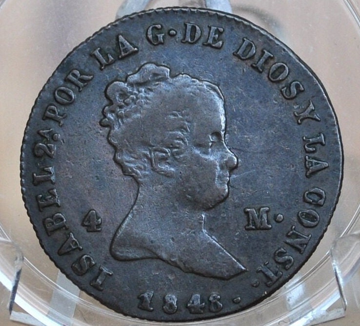 1848 Spanish 4 Maravedis - High Level of Detail - Isabel II of Spain - Copper - Spain Isabel II Coin - Four Maravedis 1848