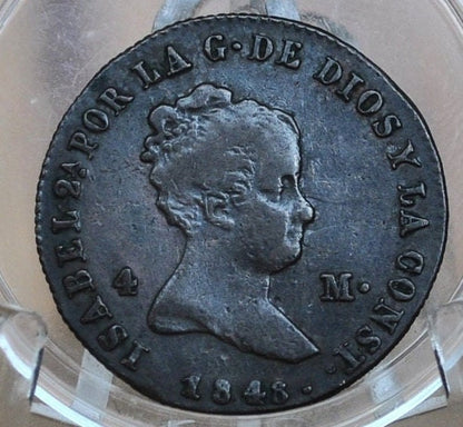 1848 Spanish 4 Maravedis - High Level of Detail - Isabel II of Spain - Copper - Spain Isabel II Coin - Four Maravedis 1848