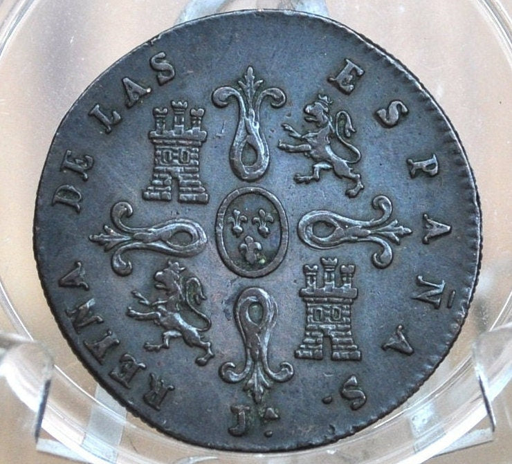 1846 Spanish 4 Maravedis - High Level of Detail, XF/AU - Isabel II of Spain - Copper - Spain Isabel 2nd Coin, Four Maravedis 1846