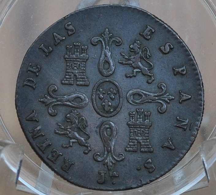 1846 Spanish 4 Maravedis - High Level of Detail, XF/AU - Isabel II of Spain - Copper - Spain Isabel 2nd Coin, Four Maravedis 1846