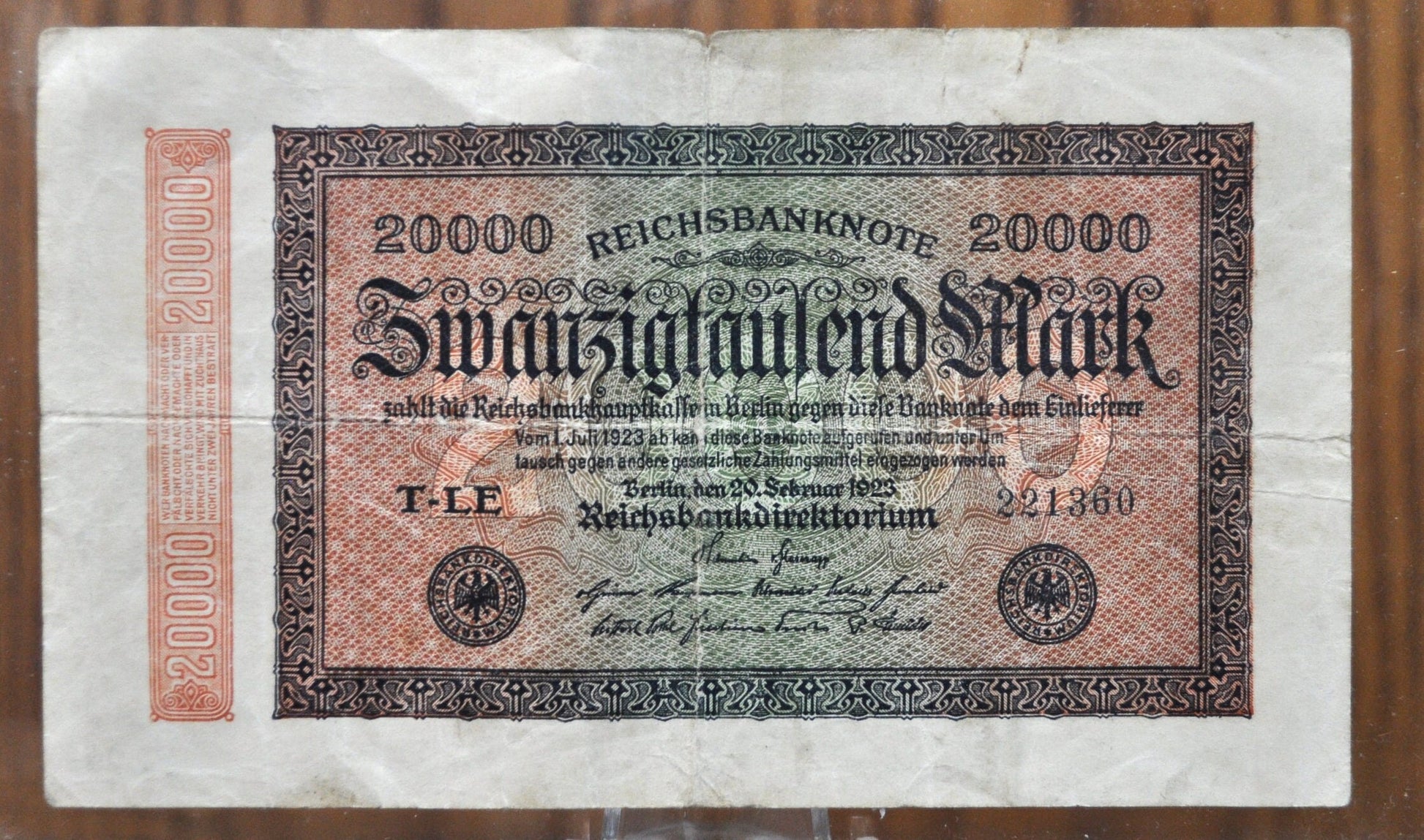 1923 20,000 Mark German Paper Note - Reichsbanknote - Great Condition - WWI era note - Twenty Thousand Mark Note