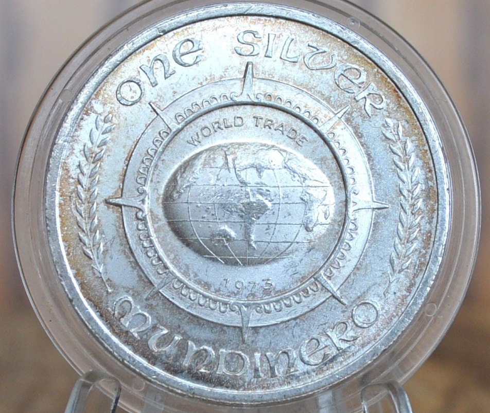 1973 One Silver Mundinero - Beautiful Vintage Silver Round - World Trade Silver Round, .999 Fine Silver - Wade Ventures, Fantasy Currency