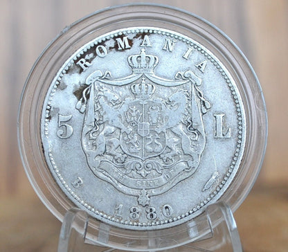 1880 Romania Silver 5 Lei - XF (Extremely Fine) Details / Condition, Engraver Name Near Rim Variety - Romanian Five Lei 1880, Rarer Coin