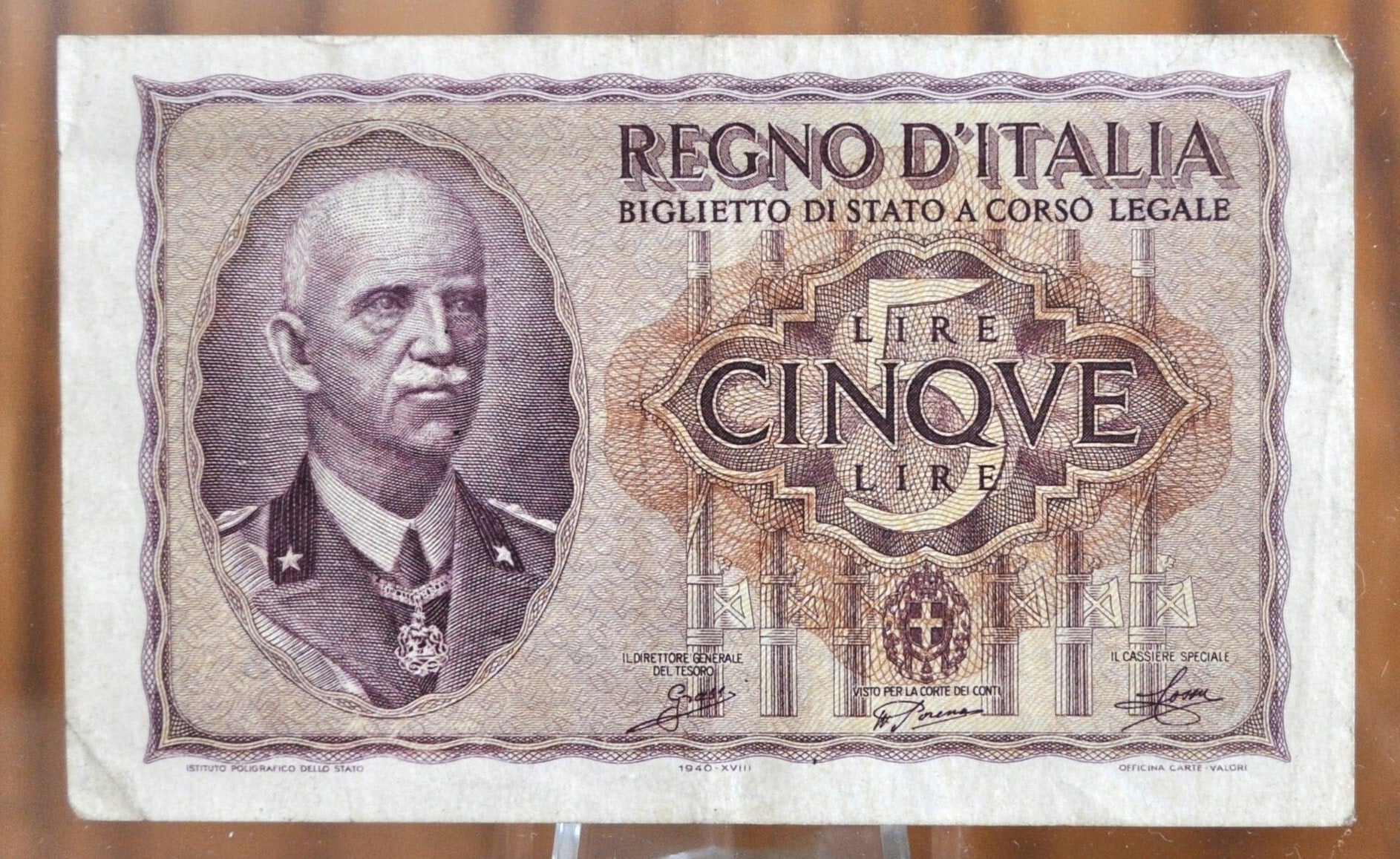 1940 5 Lire Italian Banknote - XF+ Grade - Italy Five Lire Cinque Lire Banknote 1940 King Vittorio Emanuele III, Cool Old Banknote from WWII
