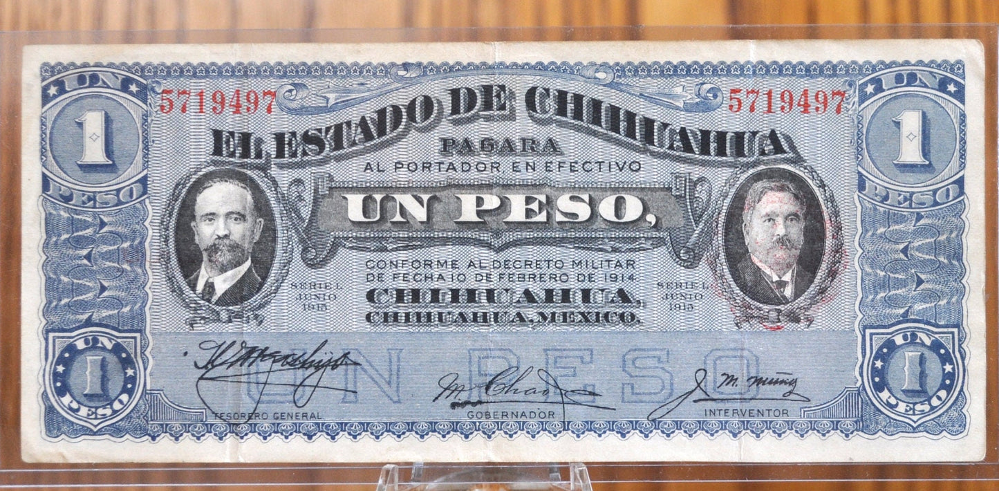 Mexico 1915 1 Peso Chihuahua Revolution 1 Peso Banknote - XF Grade / Condition - One Peso Mexico 1915, Old Mexican Paper Money