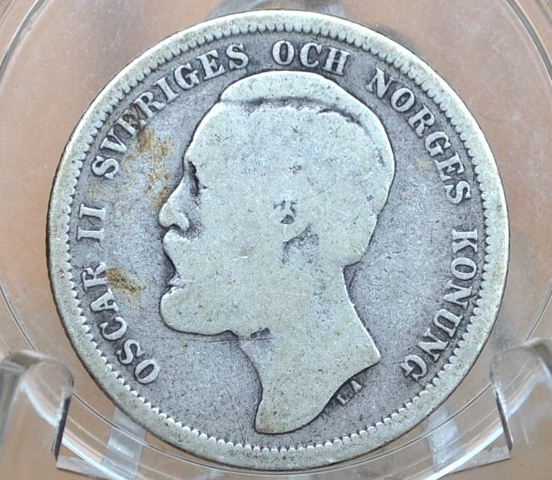 1880 1 Krona Sweden Silver - Rare Coin, Only 177,000 Made - Swedish One Krona 1880 - King Oscar II - 80% Silver