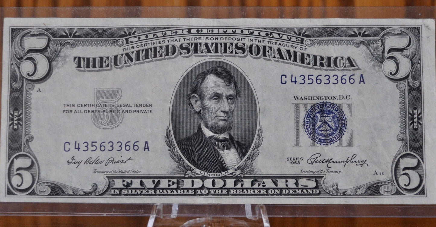 1953 Blue Seal 5 Dollar Bill / 1953 Five Dollar Silver Certificate - Good/Very Good toAU (About Uncirculated) - 1953 Silver Certificate