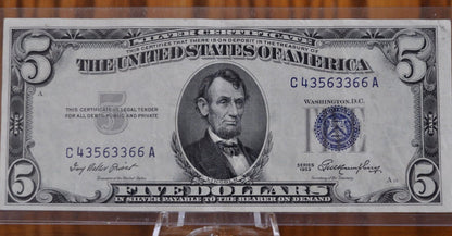 1953 Blue Seal 5 Dollar Bill / 1953 Five Dollar Silver Certificate - Good/Very Good toAU (About Uncirculated) - 1953 Silver Certificate
