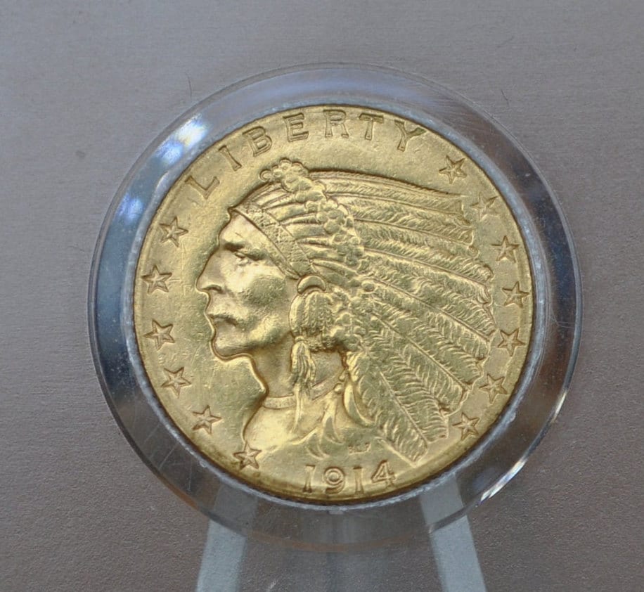 1914-D 2.5 Dollar Gold Coin - Choice AU, Beautiful Coin - 1914D Quarter Eagle Gold 1913 Indian Head Gold, Affordable Price, Historic Coin