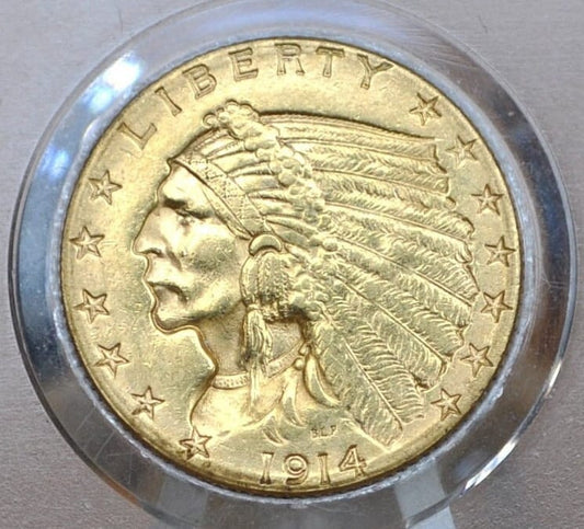 1914-D 2.5 Dollar Gold Coin - Choice AU, Beautiful Coin - 1914D Quarter Eagle Gold 1913 Indian Head Gold, Affordable Price, Historic Coin