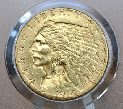 1914-D 2.5 Dollar Gold Coin - Choice AU, Beautiful Coin - 1914D Quarter Eagle Gold 1913 Indian Head Gold, Affordable Price, Historic Coin