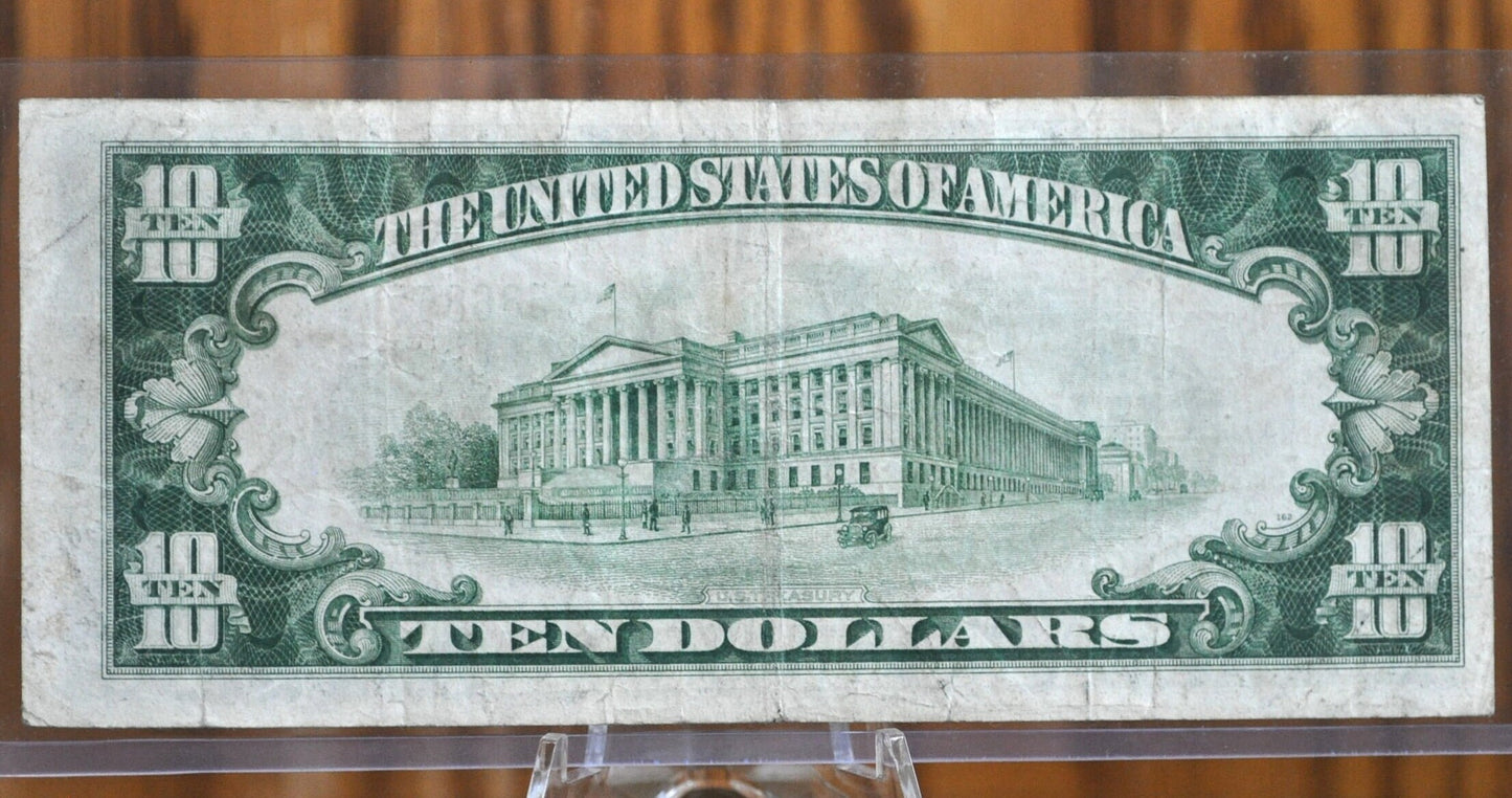 1928-B 10 Dollar Federal Reserve Note - F/VF (Fine-Very Fine) Grade - NY - 1928 Ten Dollar Bill Fr#2002-B / Fr2002B Redeemable In Gold