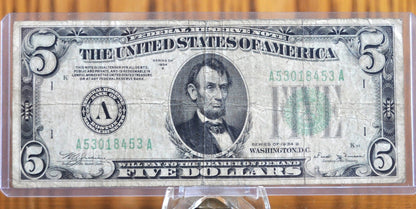 1934-B Federal Reserve 5 Dollar Note - Boston (A) Bank Issue - Fine (F) Grade - 1934 B Series US Five Dollar Banknote - Fr.1958A
