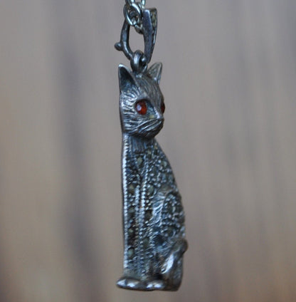 Awesome Vintage Cat Pendent! Sterling Silver - Cat Silver Jewelry - Red Eyed Cat, Cat Jewelry