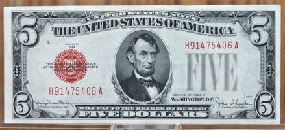 1928 5 Dollar Us Note Red Seal - Choose By Grade / Condition - 1928 Five Dollar Bill Red Seal 1928 Legal Tender Note Fr#1525-Fr1531