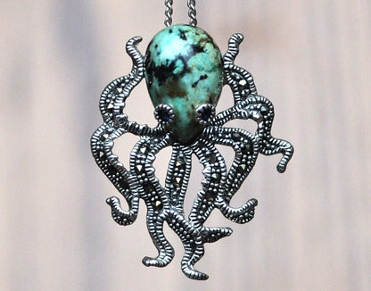 Beautiful Sterling Silver Octopus Pendent with Ocean Jasper Stone - Vintage Silver Necklace Pendent - Unique Piece, Lovely, Nautical Jewelry