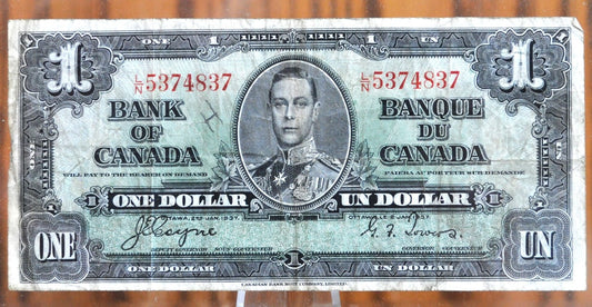 1937 Canadian 1 Dollar Banknote - Choose by Note - Gordon/Towers, Coyne/Towers Signed - Large Size Canadian One Dollar Bill 1937