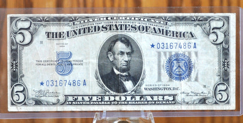 1934 5 Dollar Star Note Silver Certificate Star Note - VF+ Grade / Condition - 1934 Five Dollar Star Note 1934 Fr1650* / Fr#1650*