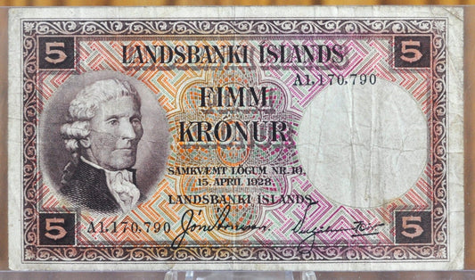 1928 5 Kronur Iceland Paper Note - 1928 Landsbanki Islands Prefix A Type - 1928 Icelandic Landsbanki Islands Five Krónur Banknote 1928 P#27b