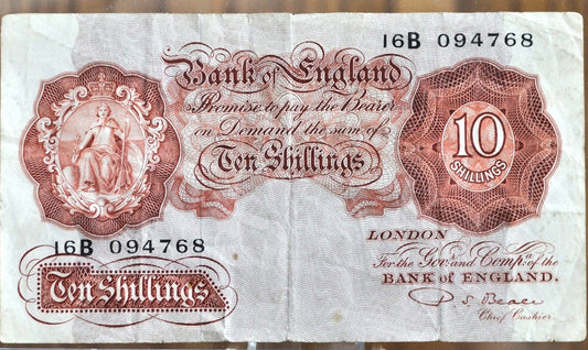 1948 Bank of England 10 Shillings Banknote - P. S. Beale Signature Type - 1948 Ten Shillings Bank of England Banknote 1948 Pick# 368b