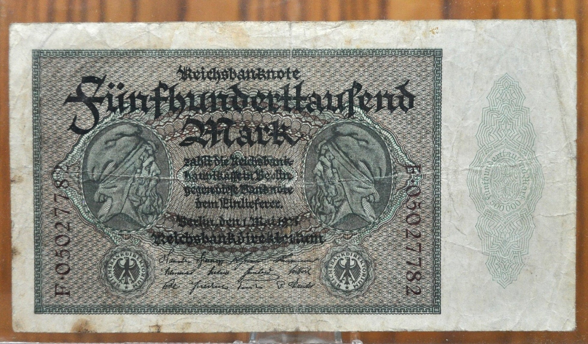 1923 500,000 Mark Weimar Republic German Paper Reichsbanknote - Great Condition - WWI era note - Five Hundred Thousand Mark Note 1923