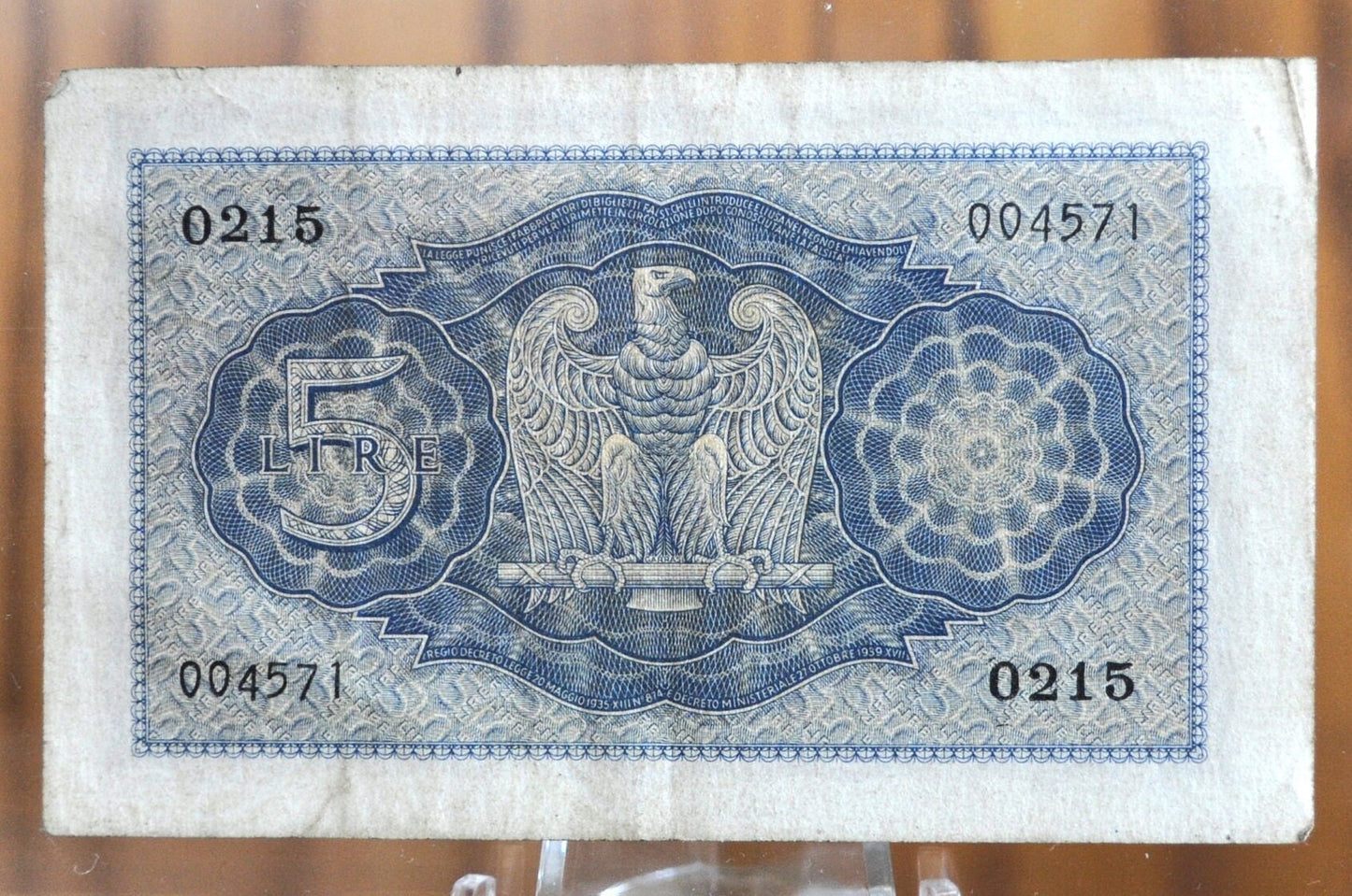 1940 5 Lire Italian Banknote - XF+ Grade - Italy Five Lire Cinque Lire Banknote 1940 King Vittorio Emanuele III, Cool Old Banknote from WWII