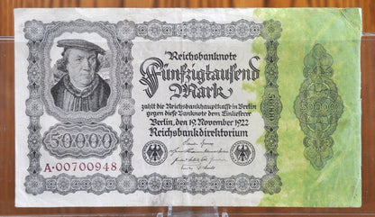 1922 50,000 Mark German Paper Reichsbanknote - Great Condition - WWI era note - Fifty Thousand Mark Note 1922, Old German Paper Money