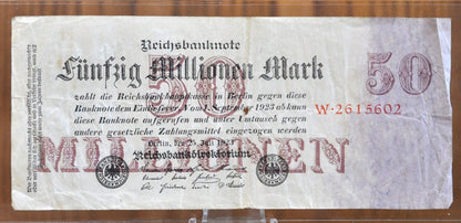 1923 50 Million Mark German Paper Reichsbanknote - Great Condition - WWI era note - Fifty Million Mark Note 1923