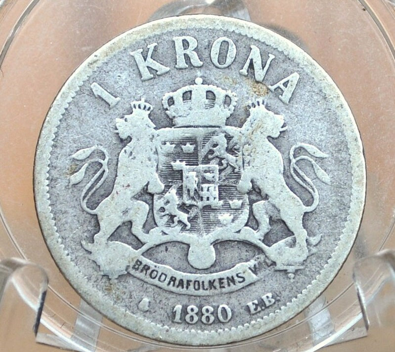 1880 1 Krona Sweden Silver - Rare Coin, Only 177,000 Made - Swedish One Krona 1880 - King Oscar II - 80% Silver