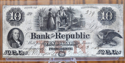 1855 Bank of the Republic 10 Dollar Paper Banknote - Great Condition - Rhode Island Obsolete Currency - 1855 Ten Dollar RI Banknote 1855