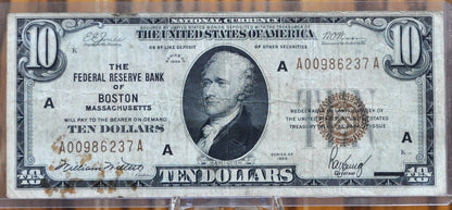 1929 10 Dollar National Currency Note Fr1860-A - VF - Boston 1929 Brown Seal Ten Dollar Federal Reserve Banknote Fr1860A - Rarer Note