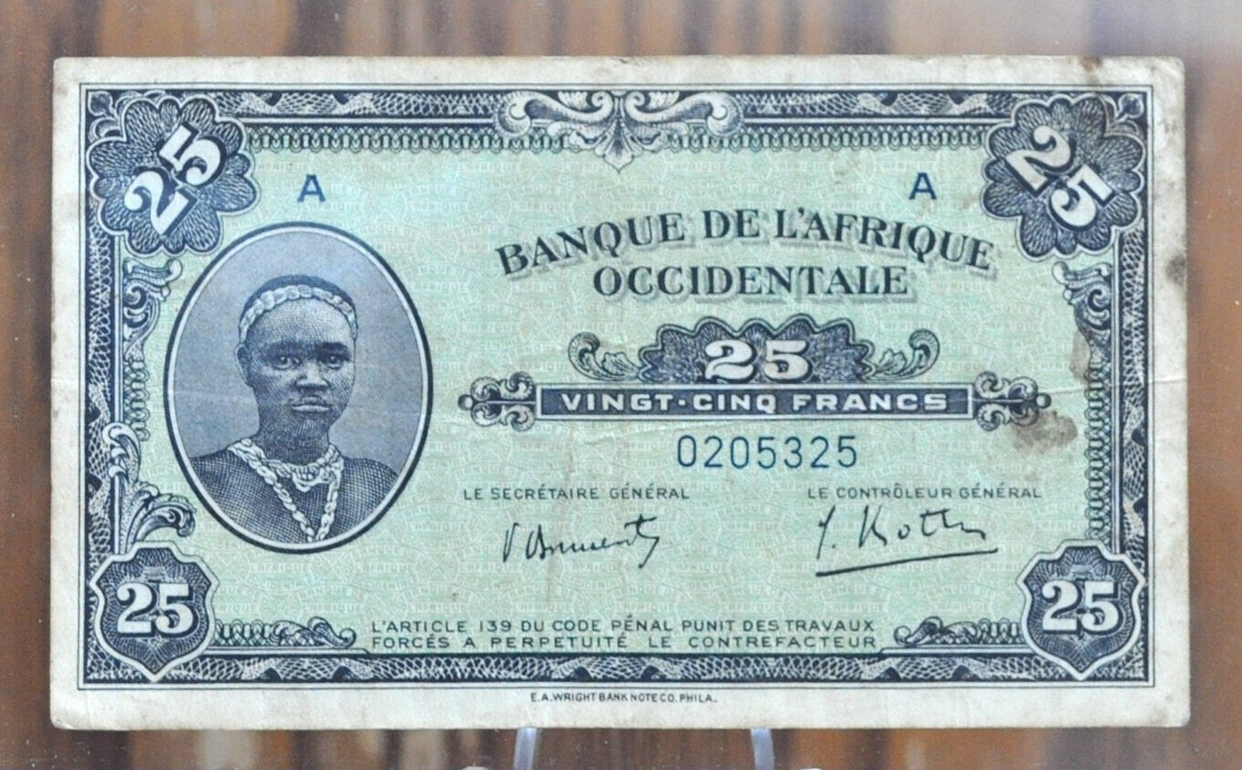 1942 Bank of West Africa 25 Franc Banknote - WWII Era Paper Money - 25 Francs Banknote Banque de L'Afrique Occidentale 1942, P#30a