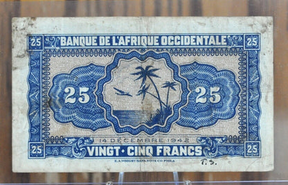 1942 Bank of West Africa 25 Franc Banknote - WWII Era Paper Money - 25 Francs Banknote Banque de L'Afrique Occidentale 1942, P#30a