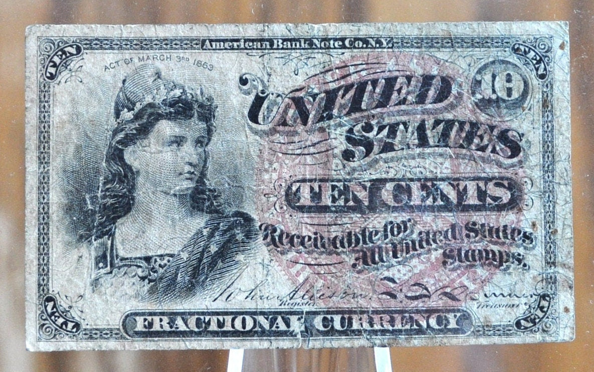 Authentic 1863 10 Cent Fractional Currency / 1863 Fractional Currency - VG (Very Good) Grade / Condition - 2nd Issue Fractional Note Fr1257