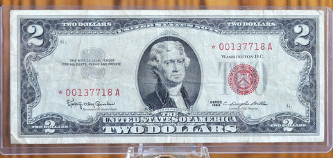 1963 STAR NOTE Red Seal 2 Dollar United States Note - VF+ Grade / Condition - 1963 Two Dollar U.S. Note 1963 Star Note Fr#1513*