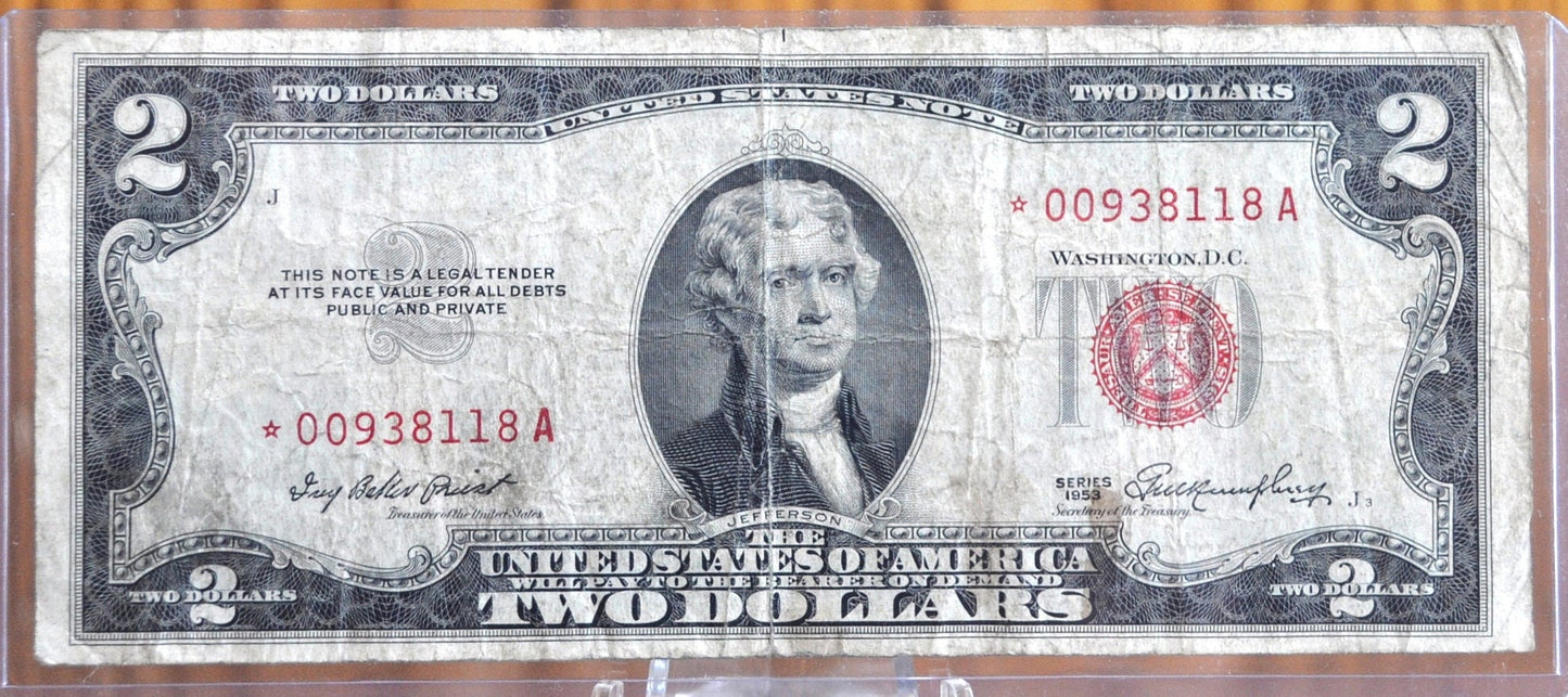 1953 STAR NOTE Red Seal 2 Dollar United States Note - VG/F (Very Good-Fine) Grade - 1953 Two Dollar U.S. Star Note 1953 Star Note Fr#1511*