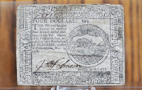 1776 4 Dollar Continental Currency - Nov. 2nd 1776 4 Dollar Paper Money - CC-41 - Four Spanish Milled Dollars, Continental Congress 1776