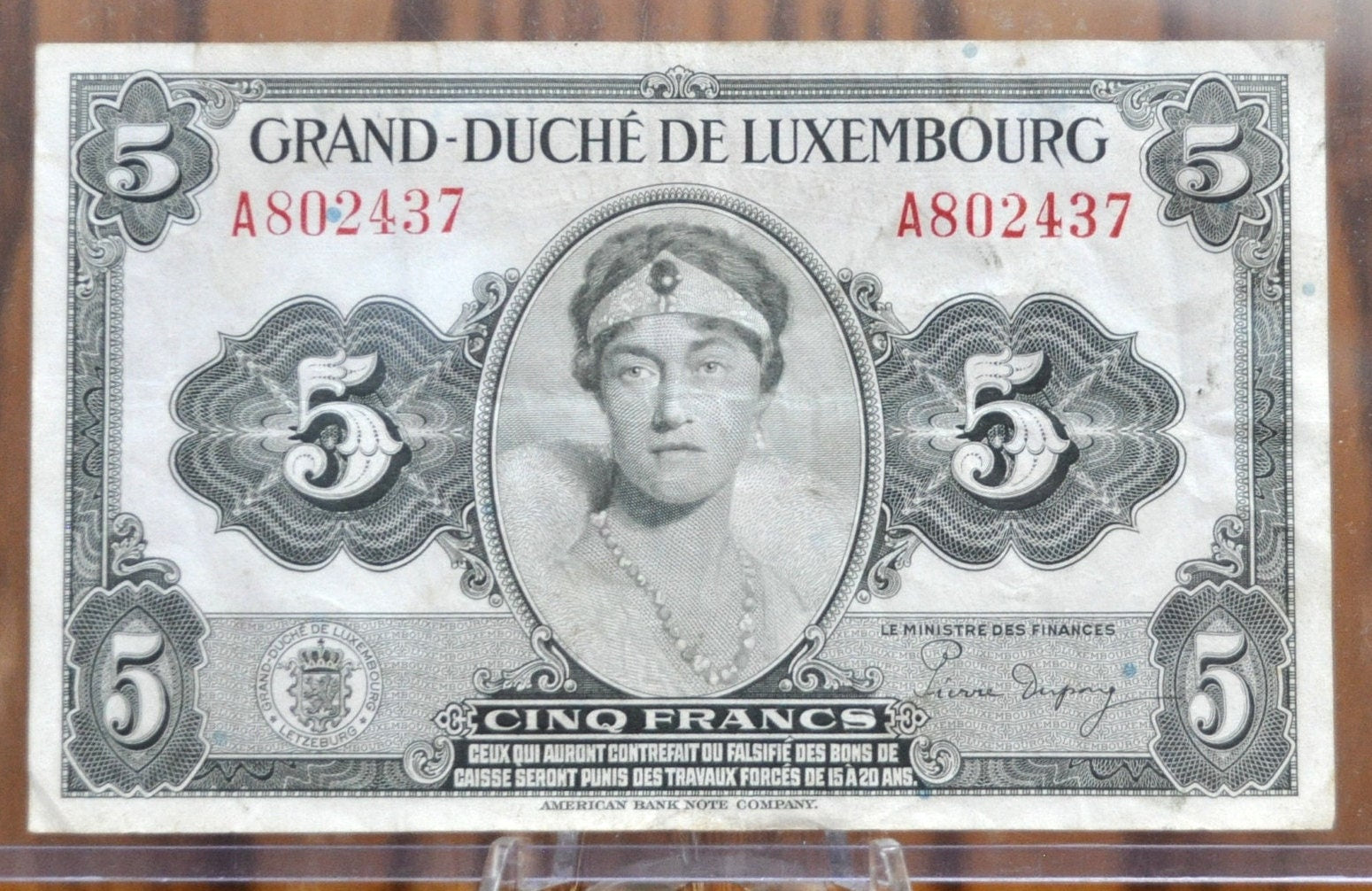 1944 Grand Duché De Luxembourg 5 Francs Paper Note- WWII Era Bank Note - 1944 Grand Duché De Luxembourg Five Francs Banknote, P-43b