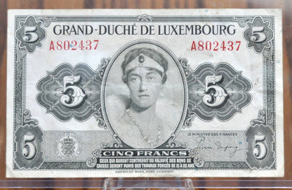 1944 Grand Duché De Luxembourg 5 Francs Paper Note- WWII Era Bank Note - 1944 Grand Duché De Luxembourg Five Francs Banknote, P-43b