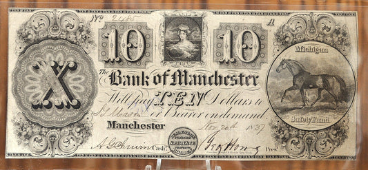 1837 Bank of Manchester 10 Dollar Paper Banknote - Michigan Safety Fund Issue - Michigan Obsolete Currency - 1837 Ten Dollar MI Banknote