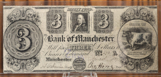 1837 Bank of Manchester 3 Dollar Paper Banknote - Ben Franklin Issue, Repaired - Michigan Obsolete Currency - 1837 Three Dollar MI Banknote